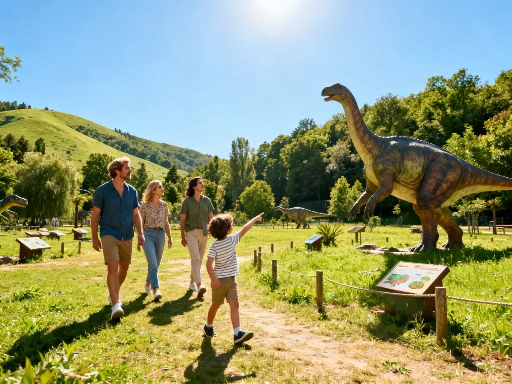 Szczęśliwa rodzina zwiedzająca park dinozaurów w Bałtowie, gdzie dziecko z entuzjazmem wskazuje na figurę prehistorycznego gada.