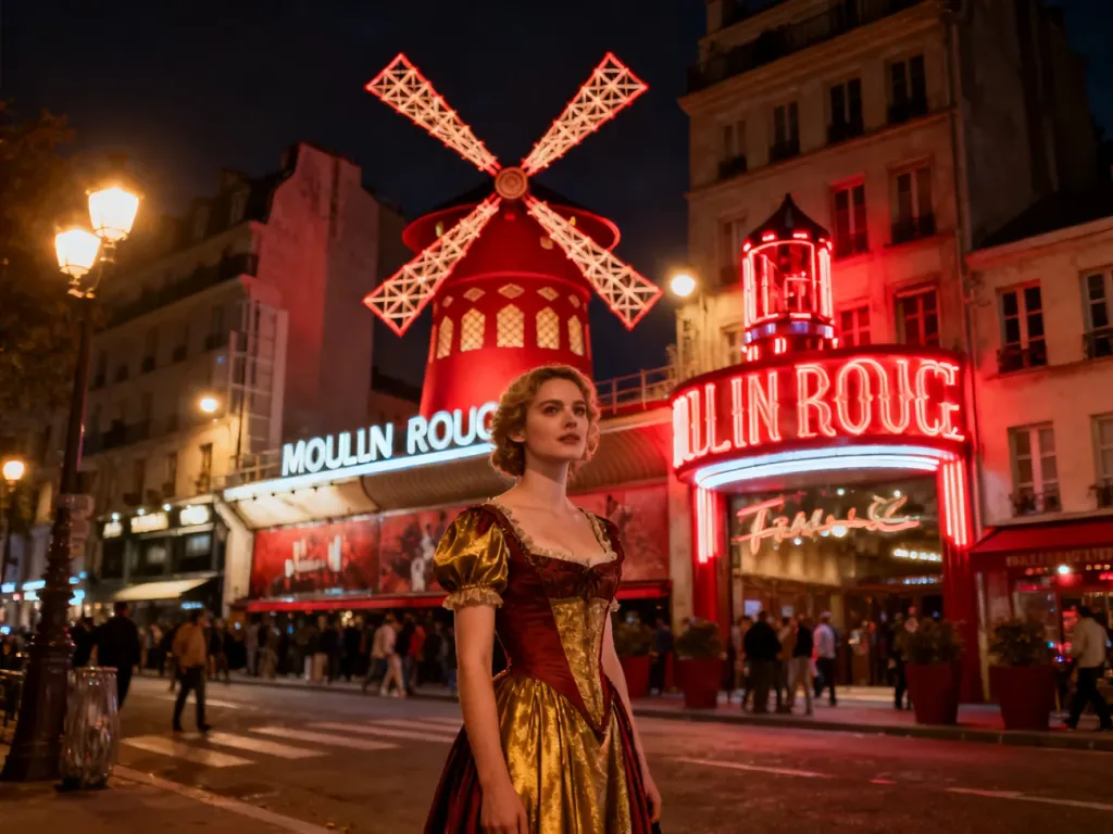 Elegancka kobieta na tle oświetlonego neonami wiatraka Moulin Rouge w paryskiej dzielnicy Montmartre.