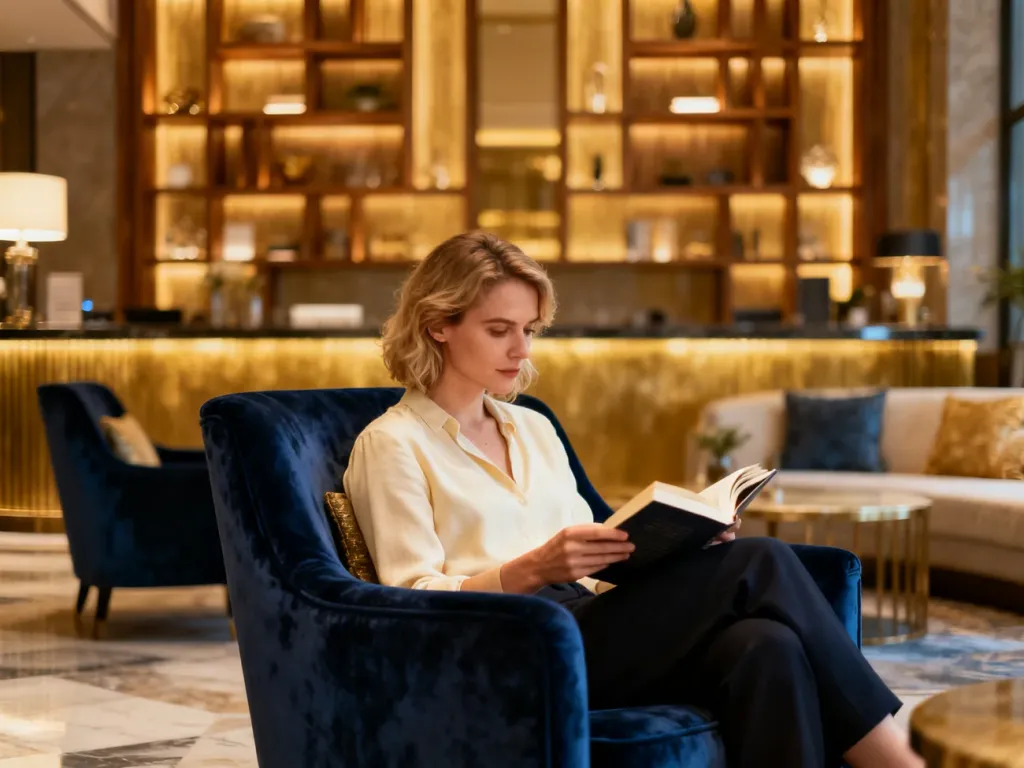 Eleganckie lobby hotelu butikowego z kobietą czytającą książkę w przytulnym fotelu, podkreślające kameralną atmosferę.