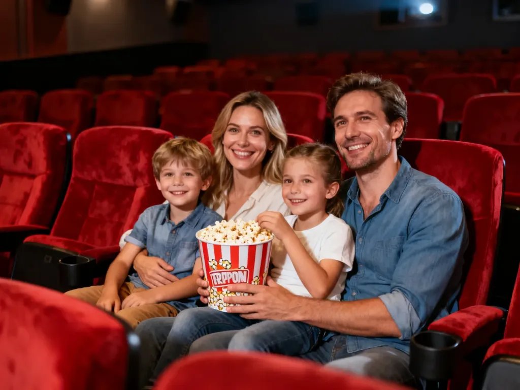 Szczęśliwa czteroosobowa rodzina siedzi w kinie z popcornem, ciesząc się wspólnym seansem filmowym.