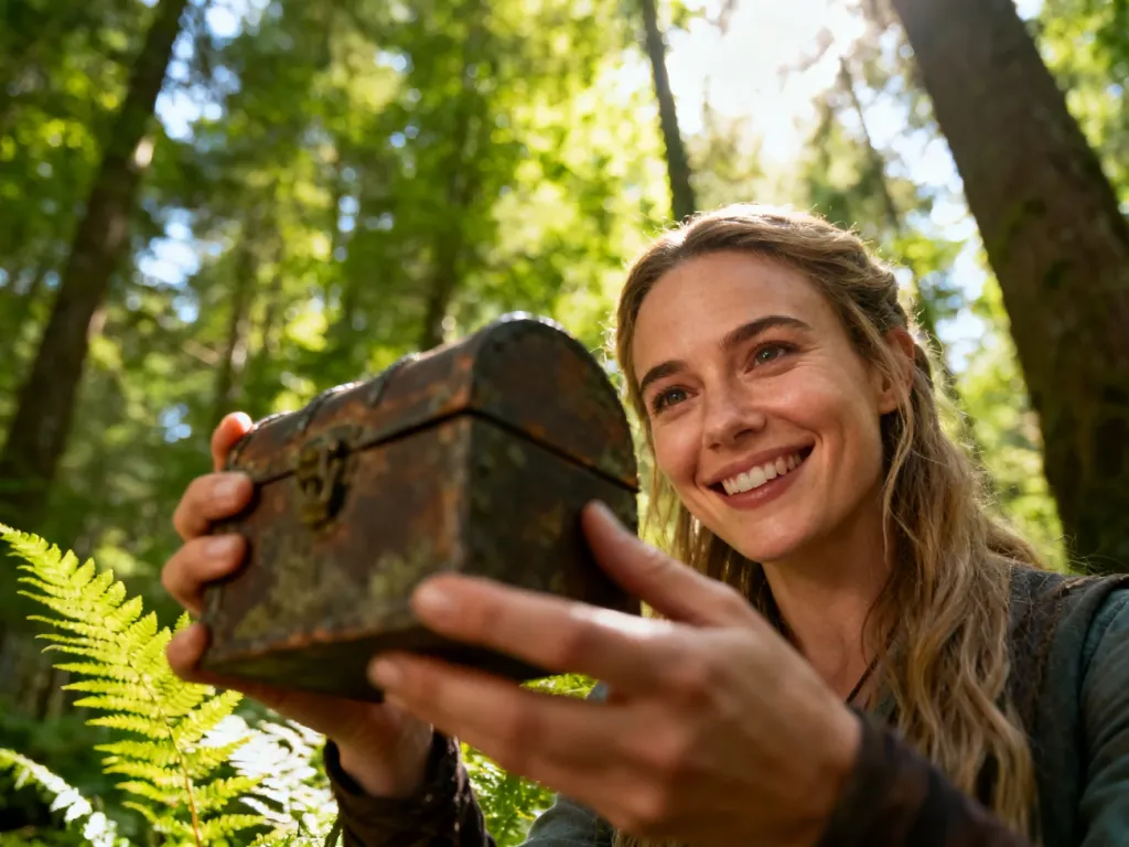 Uśmiechnięta kobieta odnajduje ukryty pojemnik z „skarbem” podczas zabawy w geocaching w zielonym lesie.