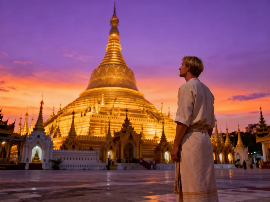 Mężczyzna w tradycyjnym stroju podziwia złotą pagodę Shwedagon w Mjanmie na tle zachodzącego słońca.