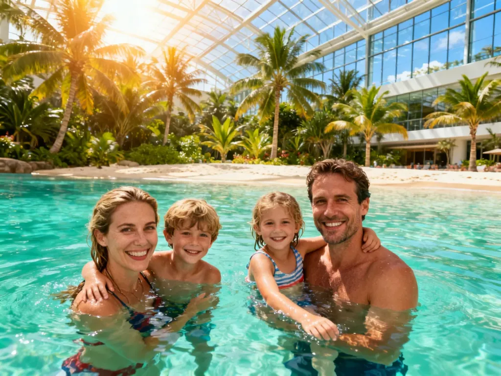 Szczęśliwa czteroosobowa rodzina bawiąca się w turkusowej wodzie w tropikalnym parku wodnym Tropical Island.