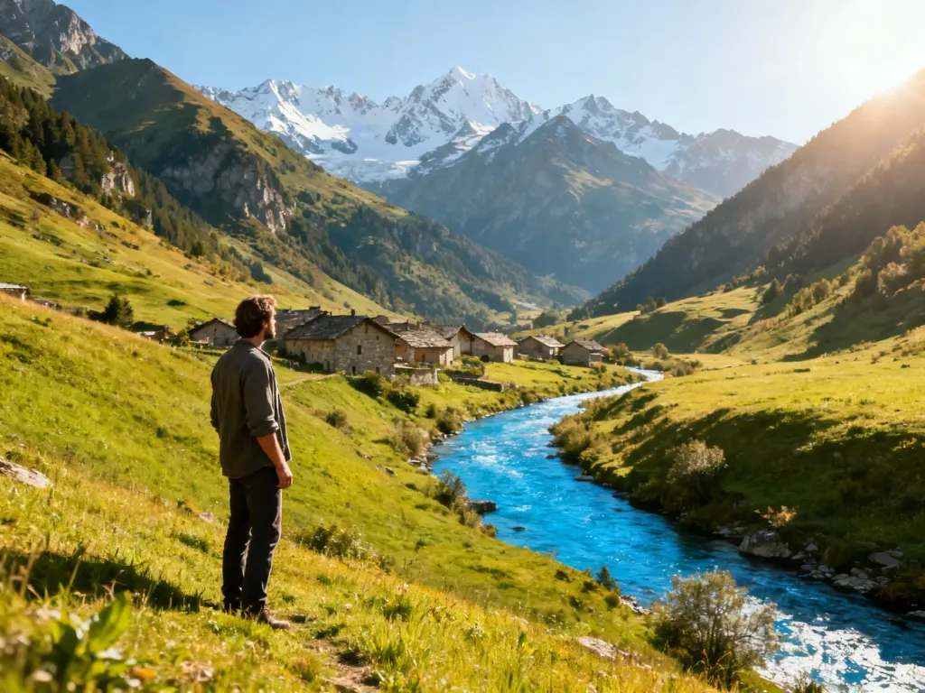 Malowniczy krajobraz górski z rzeką i tradycyjną wioską w departamencie Ain we Francji.